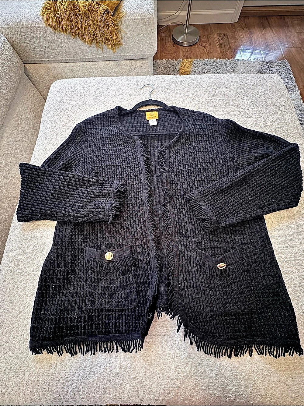 Open Front Fringe Cardigan in Black Size Large